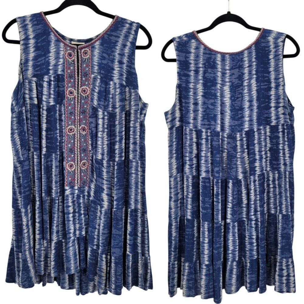 Sleeveless Blue Striped Tiered Ruffle Oversized Dress Sz S Embroidered India
